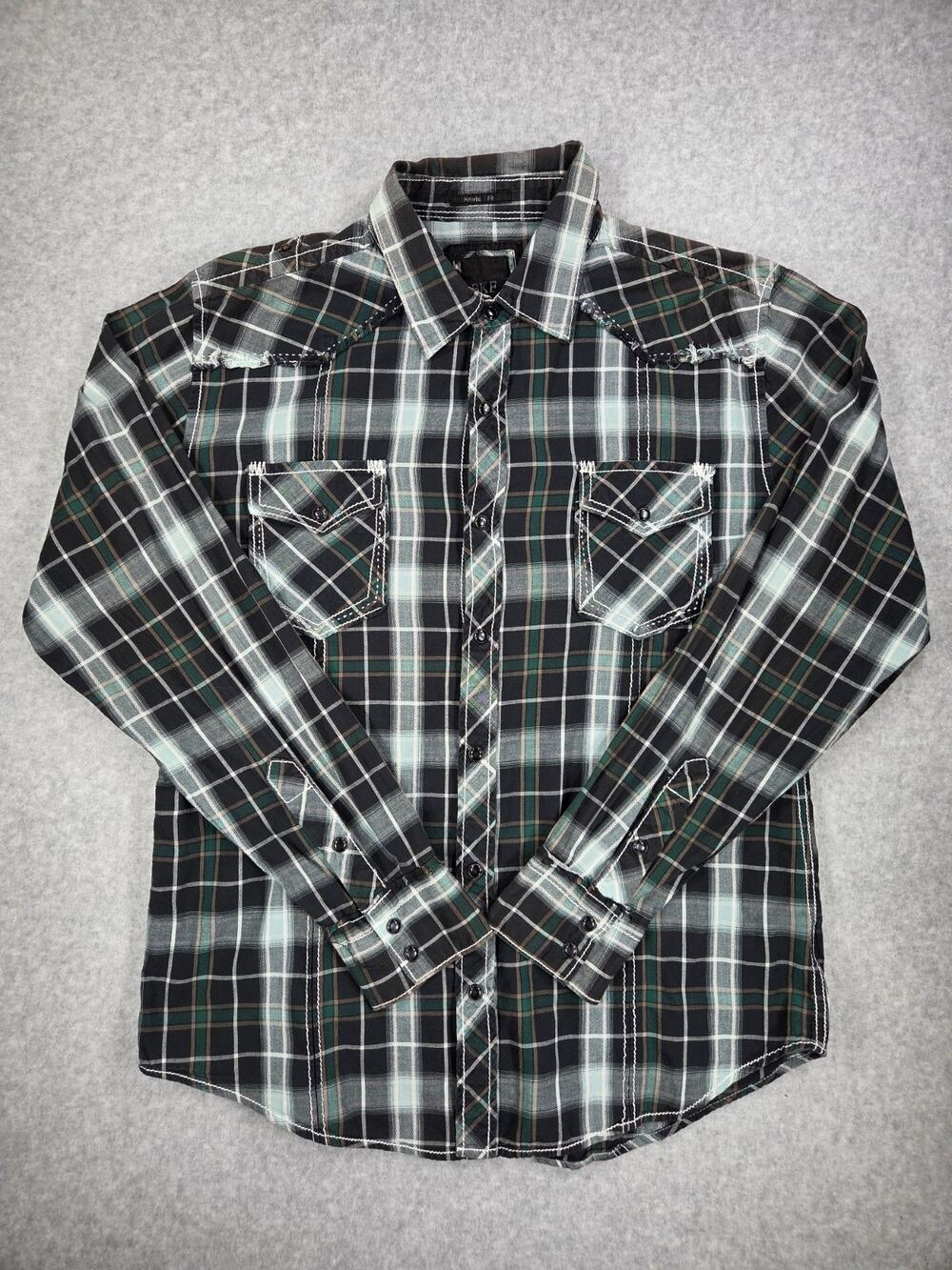 BKE Men's Athletic Fit Plaid Western Snap Shirt Large L Thick Stitch y2k vibes